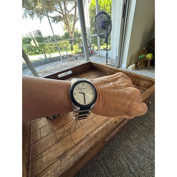 Brighton Silver Tone Black Link Watch Scroll Engraved Heart Tin Floral Box EUC - Picture 4 of 7